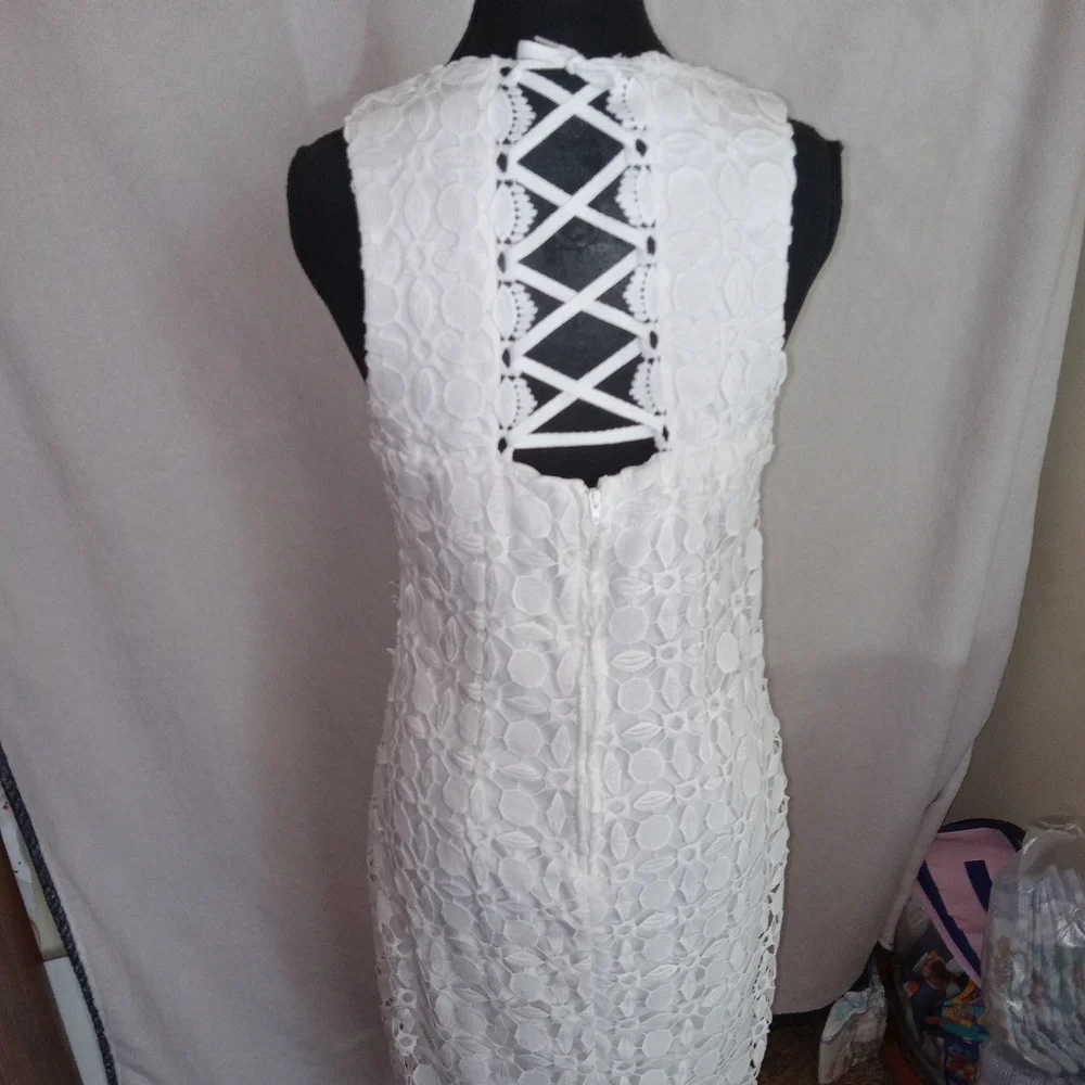 Bisou Bisou Ivory Lace Detail Midi Dress Size 6 Beautiful, Corset Back Split Hem